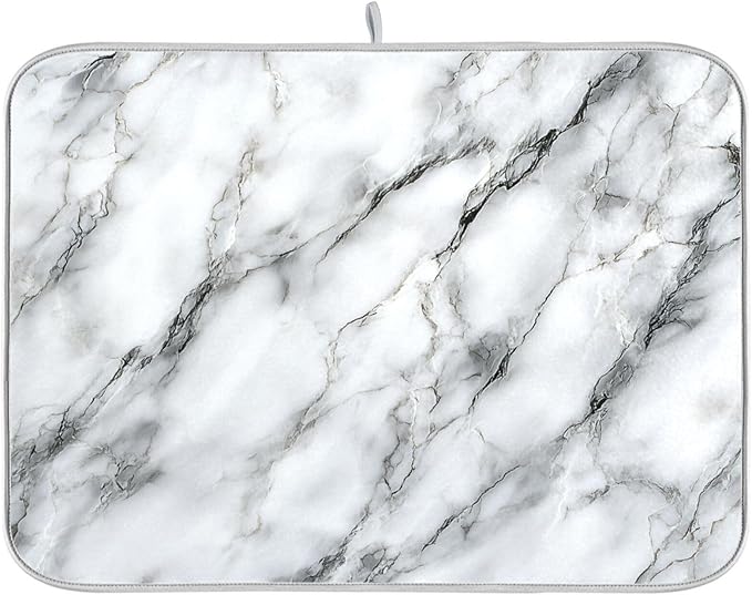 White Marble Pattern Dish Drying Mat for Kitchen Counter Super Absorbent Dishes Pad Reversible Microfiber Protector Dish Draining Mats 18x24 inch
