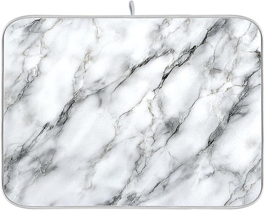 White Marble Pattern Dish Drying Mat for Kitchen Counter Super Absorbent Dishes Pad Reversible Microfiber Protector Dish Draining Mats 18x24 inch