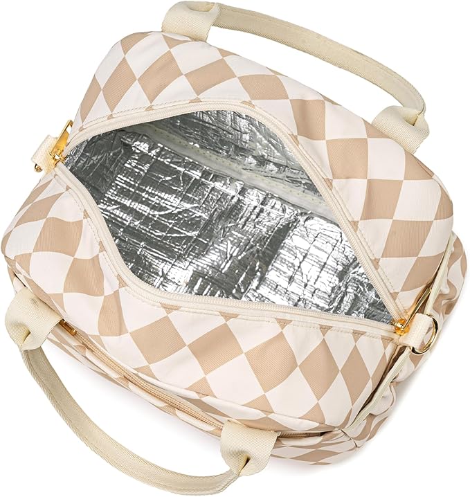 CAMTOP Lunch Box for Women Insulated Lunch Bag Lunchbox Cooler Thermal Leakproof Quilted Reusable Lunch Tote Bag for Work School Travel Picnic (Brown-White Check)