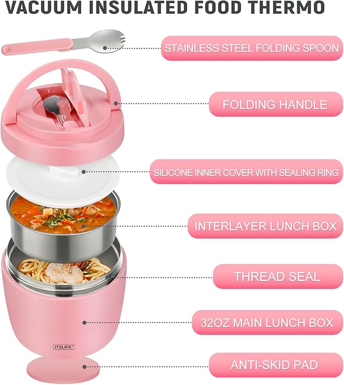 Soup Thermo for Hot Food Adults 32OZ Lunch Containers Wide Mouth Hot Food Jar Vacuum Insulated Stainless Steel Bento Box Leakproof with Spoon (Light Pink)
