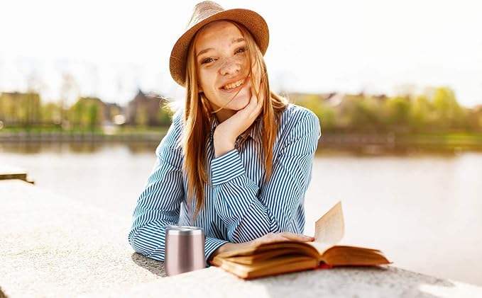 MEWAY Stemless 12 OZ Wine Tumbler Glasses with Lid -Insulated Double Wall Vacuum Stainless Steel Travel Tumbler with Straw,for Woman Under 10 dollars (Rose gold,1)