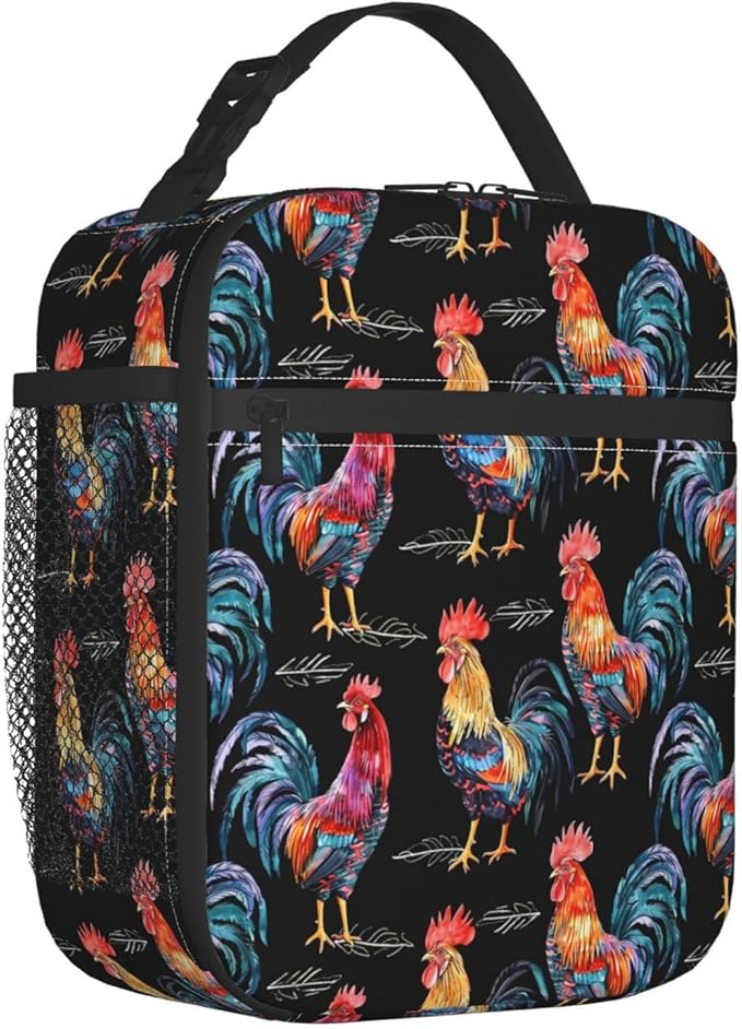 Reusable Colorful Rooster Lunch Box for Kids Girls Boys Women Adult, Insulated Chicken Black Lunch Bag,Polyester Cooler Handbags Case for School Picnic Work Travel Beach or Hiking