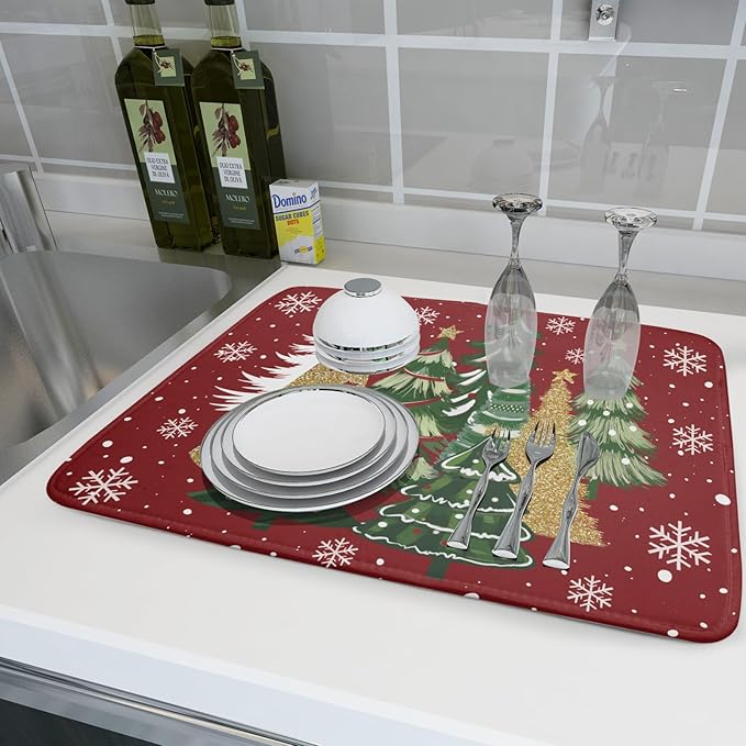 Christmas Dish Drying Mats 18x24, Farmhouse Gold Green Red Xmas Pine Trees Winter Holiday Washable Microfiber Absorbent Dishes Drainer Rack Pad for Coffee Machine Bar Sink Counter