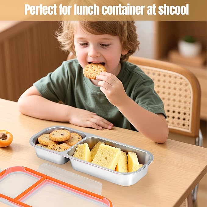 Stainless Steel Snack Containers - Reusable 2 Compartment Snackle Box Container with Lids for Kids Adults, Divided Snack Food Storage Containers for School, Home, Travel