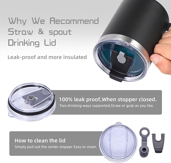 Volhoply 12oz Insulated Leakproof Coffee Mug with Flip & Straw Lid Bulk 4 Pack,Double Wall Vacuum Stainless Steel Travel Tumbler Cup with Handle,Camping Mugs Keep Cold/Hot(Black,4 Set)