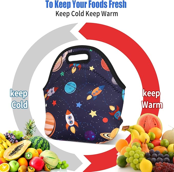 Violet Mist Women's Reusable Neoprene Lunch Bag, Space Rocket, Unisex, 11.4"L x 10.43"H x 5.51"W, 8.7 inches, fits containers up to 7"W