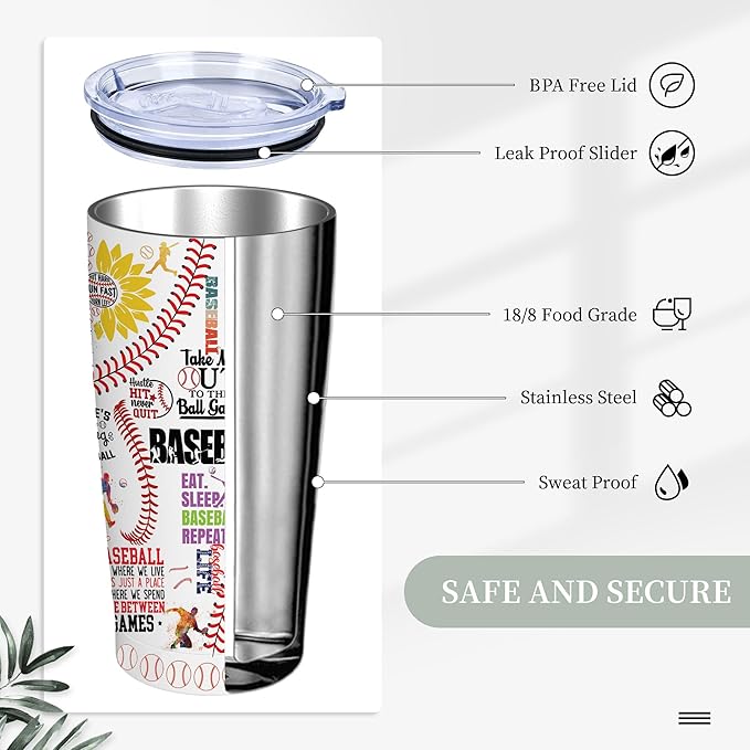 Baseball Tumbler Cup With Lid - Lover Birthday Gifts, Stainless Steel Vacuum Coffee Mug for Women Men, 20 Oz