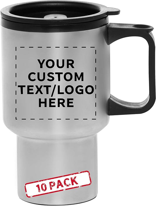 Personalized 14oz Travel Mugs Stainless Steel - 10 Pack - Custom Text, Logo - Stainless Steel