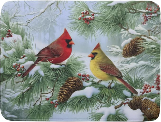 Winter Dish Drying Mat for Kitchen Counter Cardinal Birds Pine Trees Festival Microfiber Absorbent Dish Draining Reusable Washable Foldable Extra Large 18"x24"