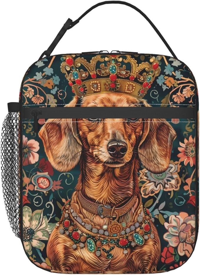 Reusable Dachshund Lunch Box for Kids Girls Boys Women Adult, Insulated Cute Crown Weiner Dog Bag,Polyester Cooler Floral Handbags Case for School Picnic Work Travel Beach or Hiking