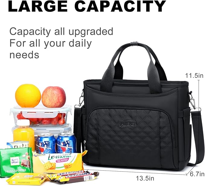 AIJIEKE Insulated Lunch Bag for Men Women, Lunch Box, Lunch Tote for Work, Large Leak Proof Cooler Bag with Removable Strap, Reusable Adult Lunchbag, Picnic, Office, Beach, Black