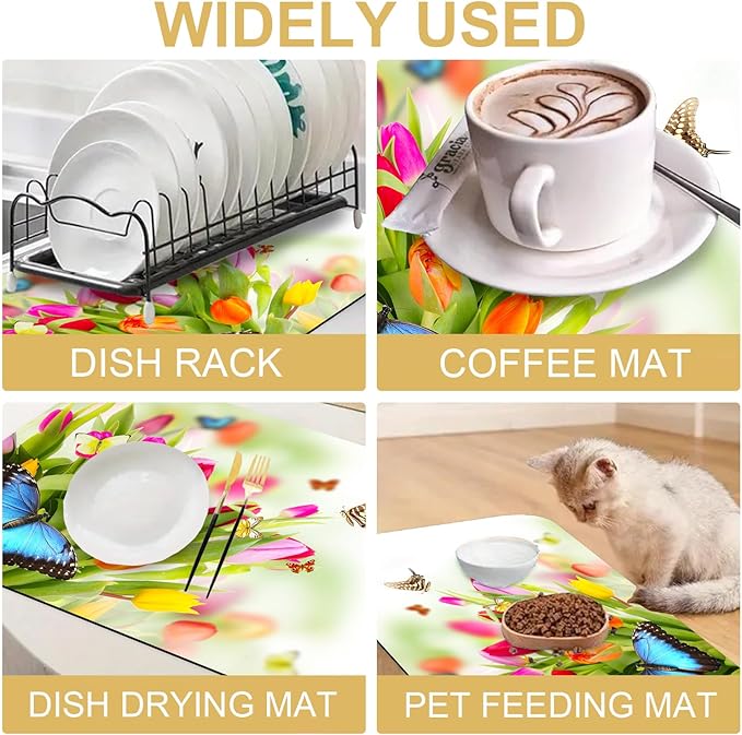 Tulips Butterflies Dish Drying Mats for Kitchen Counter Absorbent Fast Dry Dish Drainer Rack Mats for Dishes Utensils Pot and Pan, Kitchen Accessories 24"x16"