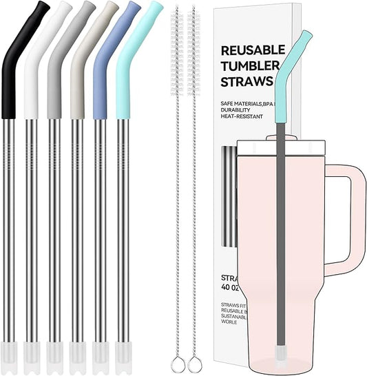 40 oz Straight Metal Straws for 40 oz Stanley Tumbler, 6 Pcs Stainless Steel Reusable Drinking Metal Straw with Colourful Silicone Tips,Straw for Glass Cups, BPA FREE