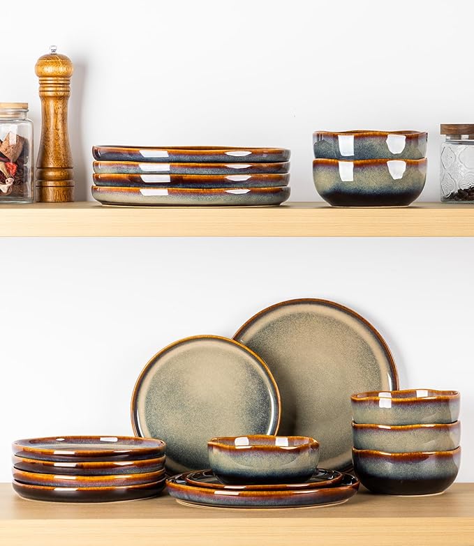 TheTerra Ceramic Dinnerware Sets for 4, 12 Pieces Porcelain Lightweight Plates and Bowls Sets, Scratch Resistant Dish Set, Oven & Microwave & Dishwasher Safe, Coffee Bean