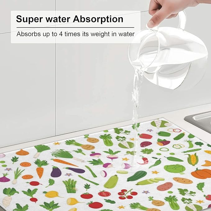 Vegetable Theme Kitchen Dish Drying Mat for Counter, Dish Draining Mat Microfiber Absorbent Reusable Washable Extra Large 18"x24" (vegetable, 18"x24")