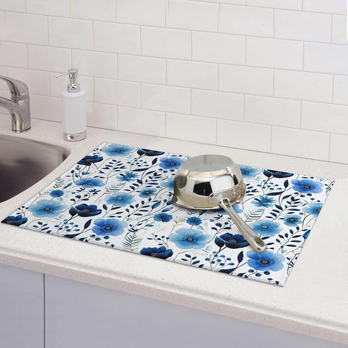 Blue White Floral Watercolor Dish Drying Mats, Absorbent Boho Blue Decorative Kitchen Counter Mat, Polyester, Absorption, Foldable, for Kitchen Dishes Utensils Small Appliances, Home Decor, 18" x 24"