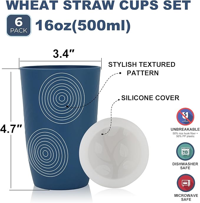 Wrova Wheat Straw Cups with Silicone Covers 16oz Set of 6 - Alternative Plastic Cups Microwave & Dishwasher Safe - Plastic Drinking Cups Unbreakable for Kids