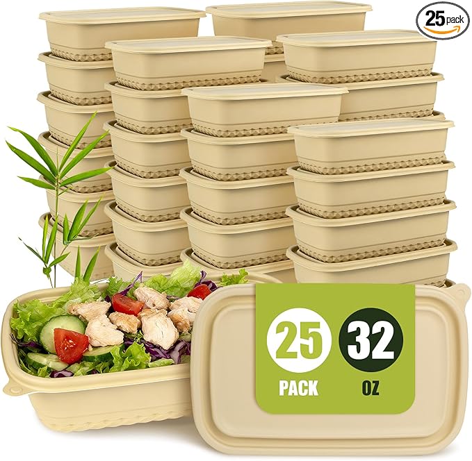 25Pack(50pcs) Meal Prep Containers Reusable, 32oz Bamboo-Powder Food Containers with Lids, Plant-based To Go Containers for Lunch - Microwave, Freezer, Dishwasher Safe