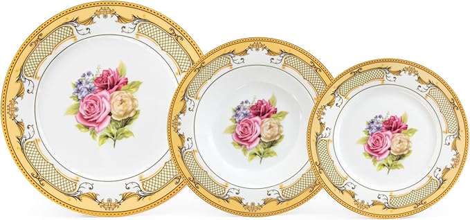 Porcelain Dinnerware Set for 1 - White with Gold 4 Piece Set Vintage Roses Design - Elegant Dinner Plates and Bowls - Dining Kitchenware for Home, Formal Occasions and Everyday Dishes