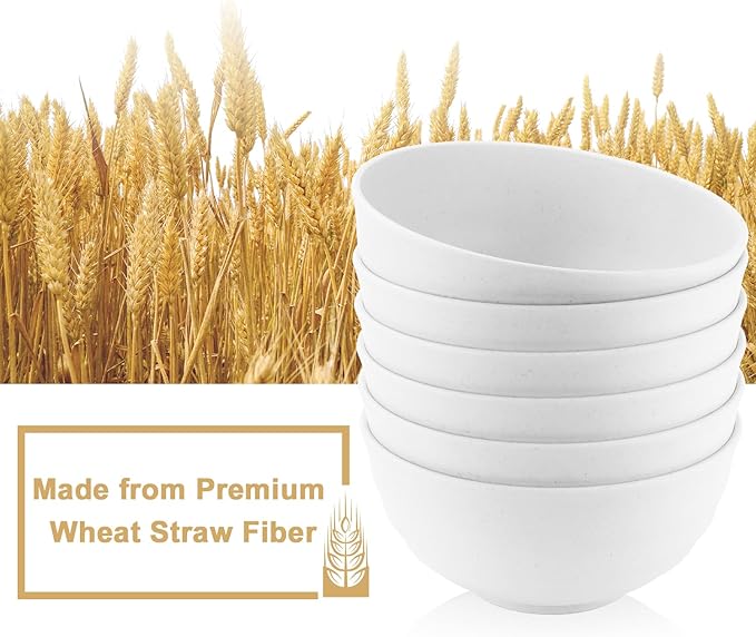60 OZ Wheat Straw Bowls, Large Popcorn Bowl Sets of 6, Unbreakable Large Serving Bowls for Kitchen, Microwave and Dishwasher Safe Big bowl for Eating, Soup, Ramen, Cereal- White