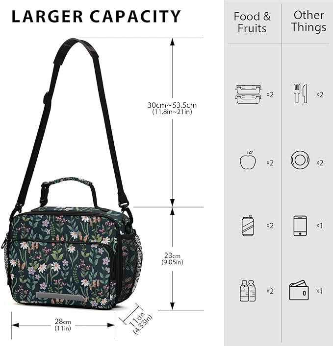 ALAZA Wildflowers Girls Lunch Box Kids Lunchbox Insulated Reusable Meal Container Lunchbag with Shoulder Strap