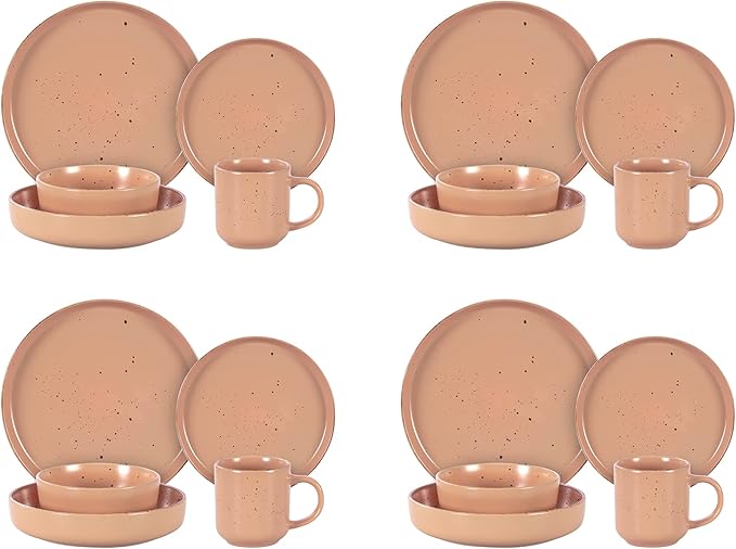 HomeVss, Nordic Shape Rising Rim Stoneware 20pc Dinnerware Set, Matte Rose with Speckle Finished Effect
