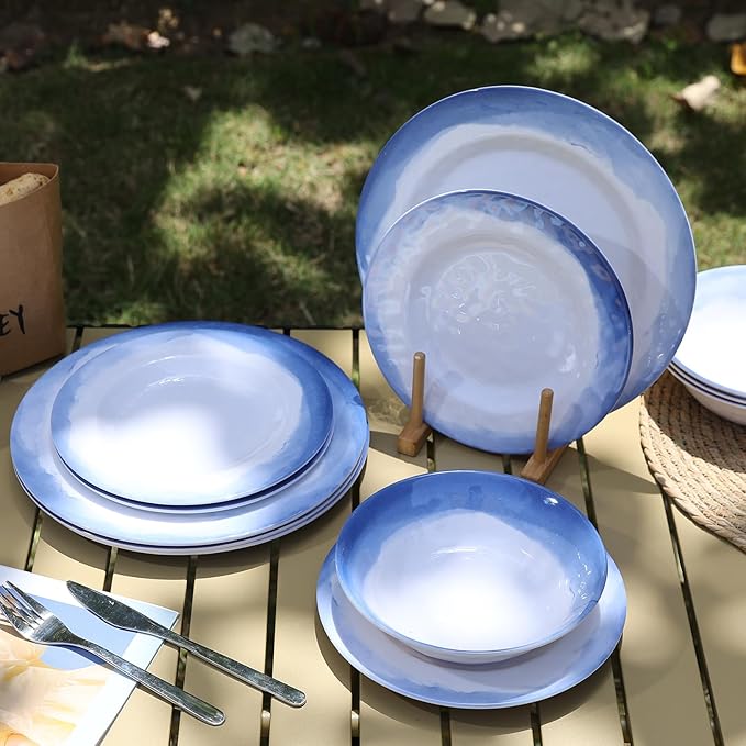 Melamine Dinnerware Sets- 12pcs Melamine Plates and Bowls Set for 4, Suitable for Indoor and Outdoor Use, Blue