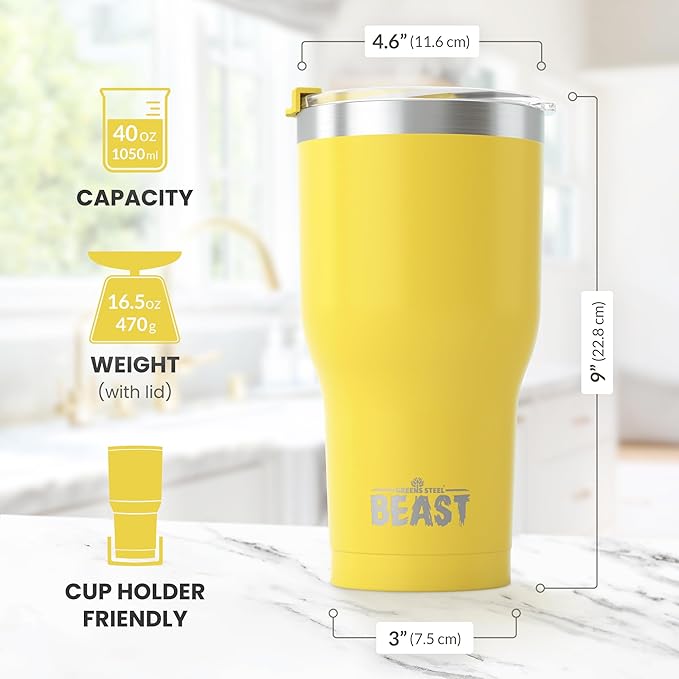 Beast 40 oz Tumbler Stainless Steel Vacuum Insulated Coffee Ice Cup Double Wall Travel Flask (Lemon)