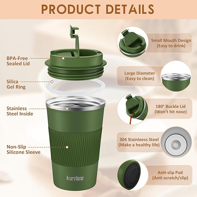 KETIEE Travel Coffee Mug 12oz: Vacuum Insulated Coffee Cup with Leakproof Lid, Coffee Tumbler, Reusable Coffee Cups, Double Wall Stainless Steel Coffee Mug to Go for Hot/Ice Coffee Tea (Army Green)