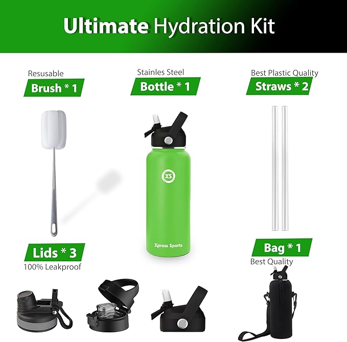 32oz Insulated Water Bottle with Straw & Handle- 24hr Cold/12hr Hot, Leakproof Stainless Steel Metal Bottle for Gym, Travel & Sports