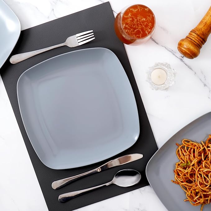 TP 10.5" Melamine Square Dinner Plates, 6-piece Plate Set Unbreakable Serving Dishes for Indoors and Outdoors, Unbreakable Dinner Service for 6, Gray