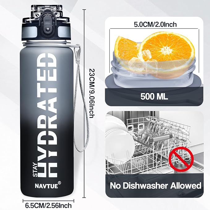 Water Bottle, 16oz Sports Water Bottles with Time Marker Wide Mouth, Motivational and Leakproof Drink Bottle, BPA Free Tritan with Carry Strap for Gym Fitness Outdoor(Direct Drink 1 Bottle)