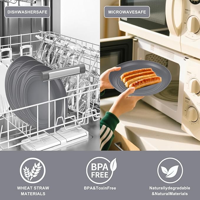 Supernal Wheat Straw Dinnerware Sets,Unbreakable Dinner Plates for 6,Microwave Dishwasher Safe,Reusable Dinnerware,Dark Gray Set 12pcs Plates, 6pcs Bowls, 6pcs Cups