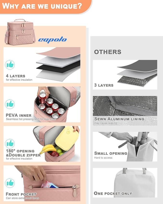 Capolo Lunch Box for Women Men Adults,Double Deck Insulated Lunch Bag Leakproof Lunch Cooler Box with Removable Strap Lunch Tote Bags Reusable Thermal Lunchbox for School Work Picnic(Large,Pink)