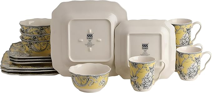 222 Fifth Adelaide 16-Piece Square Floral Dinnerware Set – Service for 4,Yellow Porcelain Plates & Bowls, for Everyday Dining & Entertainment, Microwave & Dishwasher Safe, Chip Resistant