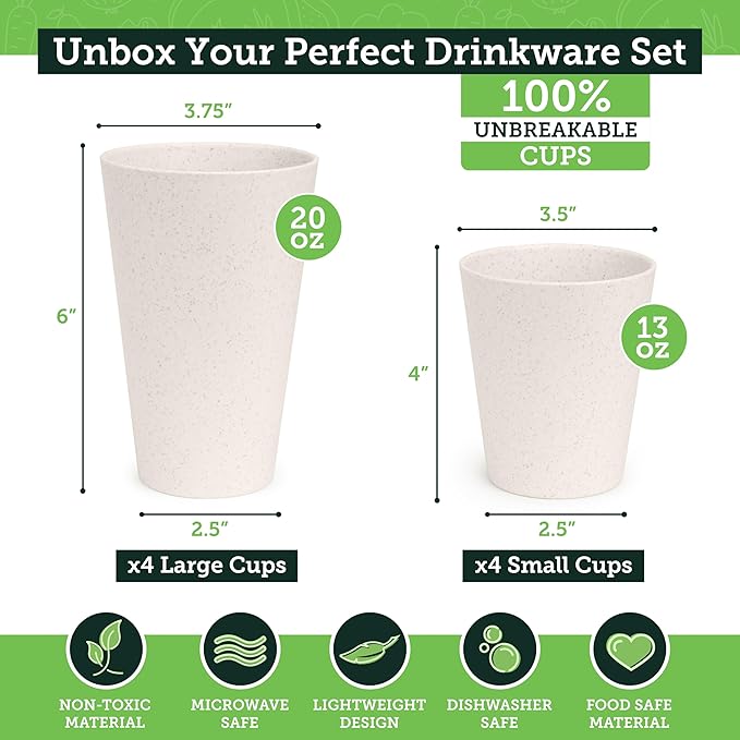 Grow Forward Premium Wheat Straw Cups - 13 & 20 oz Unbreakable BPA Free Hard Plastic Cups - Reusable Lightweight Plastic Drinking Glasses for Kitchen, Outdoor, Water, Camping, RV - Sahara