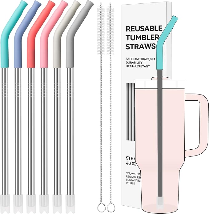 40 oz Straight Metal Straws for 40 oz Stanley Tumbler, 6 Pcs Stainless Steel Reusable Drinking Metal Straw with Colourful Silicone Tips,Straw for Glass Cups, BPA FREE