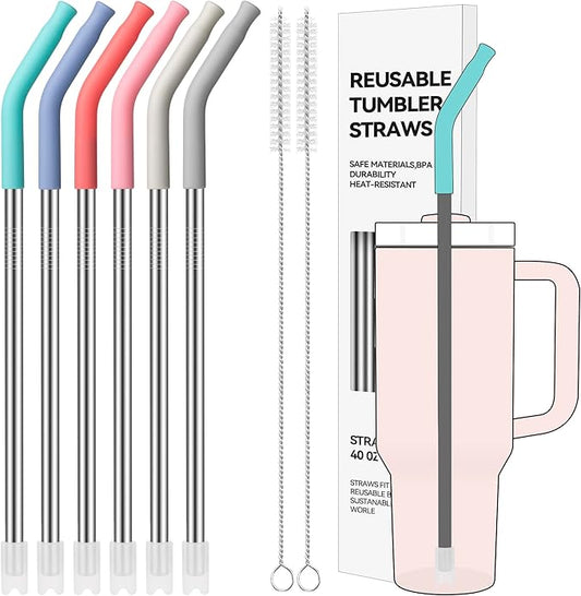 40 oz Straight Metal Straws for 40 oz Stanley Tumbler, 6 Pcs Stainless Steel Reusable Drinking Metal Straw with Colourful Silicone Tips,Straw for Glass Cups, BPA FREE