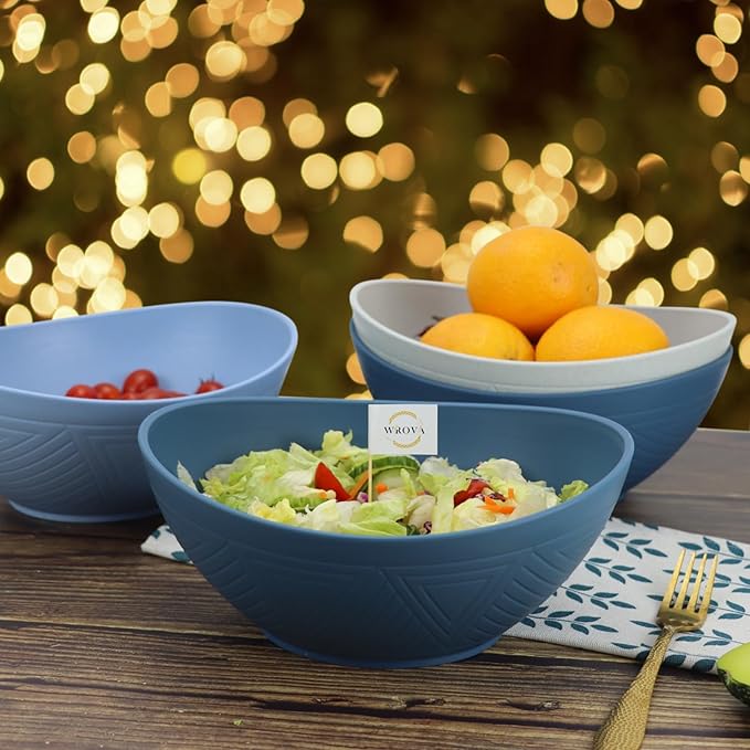 Wrova 65oz Big Wheat Straw Bowls - Large Salad Bowls set of 6 - Unbreakable Serving Bowls - Microwave & Dishwasher Safe - Oval Bowls for Cereal,Salad,Fruit - Ocean Series