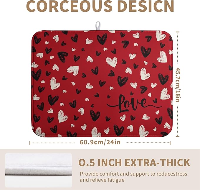 Valentines Day Dish Drying Mat Red Black Love Heart Valentine Kitchen Dish Drying Pad Absorbent Dish Dryer Mat for Kitchen Countertops Microfiber Dishes Drainer Pad Dish Drying Rack Mat (18x24 in)