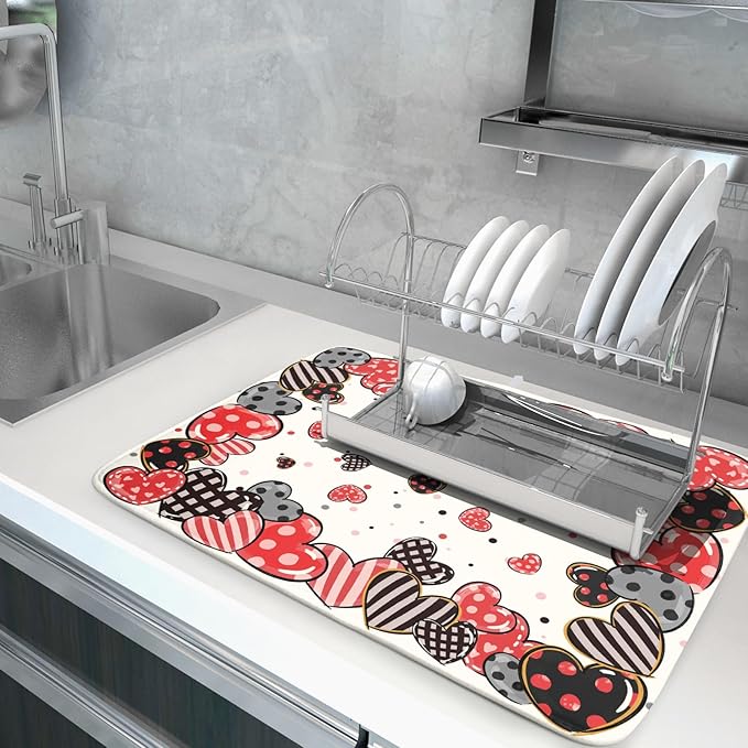 Red Heart Dish Drying Mat 18"x24" Love Dots Microfiber Dish Drainer Rack Mat Holiday Absorbent Fast Dry Pad for Kitchen Counter Home Decor