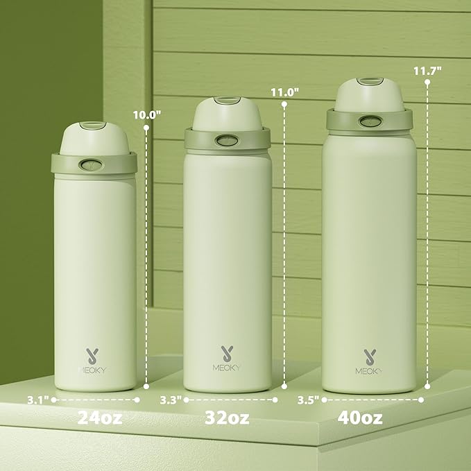 40 oz Insulated Water Bottle with Straw: Meoky Stainless Steel Metal Water Bottle with 2-in-1 Lid - Leak Proof, Cold for 24 Hours, Protective Silicone Base, BPA-Free for Sports Gym, Sage