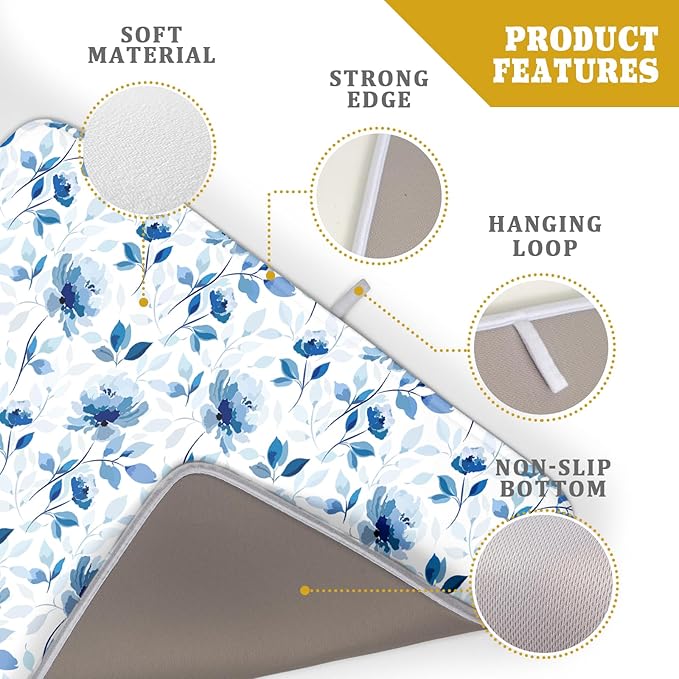 Blue Floral Dish Drying Mat 18x24 inch Flower Leaves Dish Rack Pad Microfiber Washable Dishes Drainer Pad Kitchen Countertop Accessories