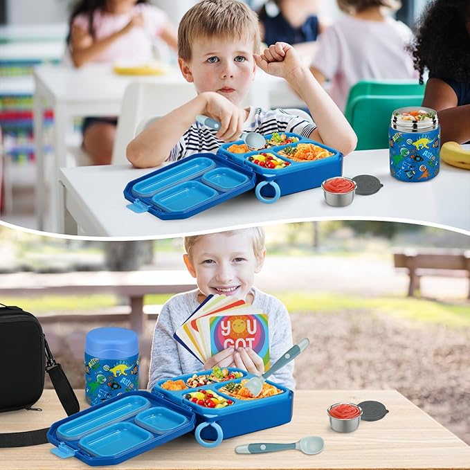 Bento Lunch Box for Kids with 12oz Soup Thermo Leak-Proof Lunch Food Container with 5 Compartment Thermo Hot Food Jar and Insulated Lunch Bag for Kid Toddler Girls Boys to School