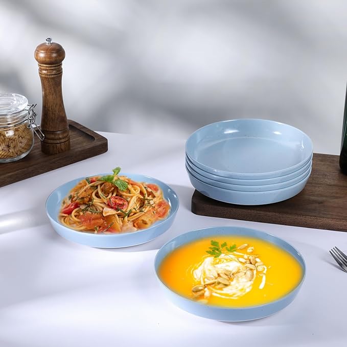 Webbylee 8.25" Melamine Pasta Bowls Set of 6-28oz Melamine Large Salad Bows，Serving Bowls for Cereal, Fruit, Soup，Deep Enough for Kitchen and Dining Blue/Beige