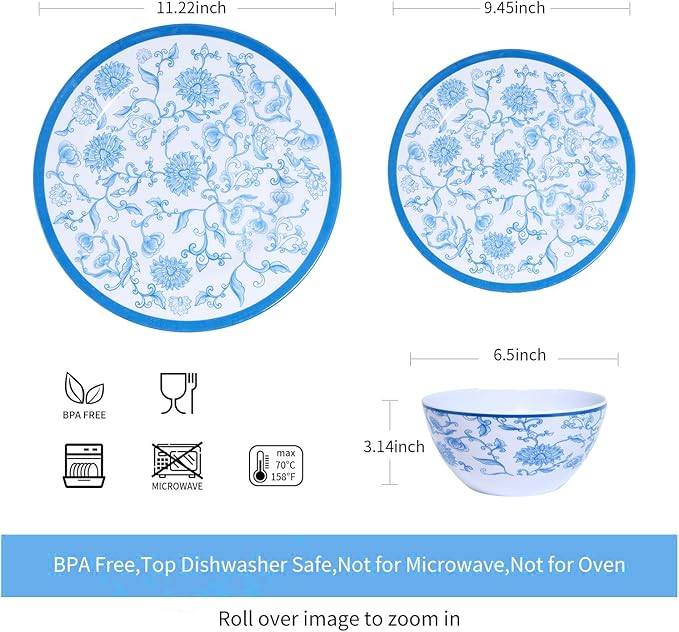 Melamine Dinnerware Set 12-Piece for 4 Dish Set Plates Bowls Unbreakable Dishware for Indoor Outdoor Use Lightweight Durable for Camping Picnics Parties Blue