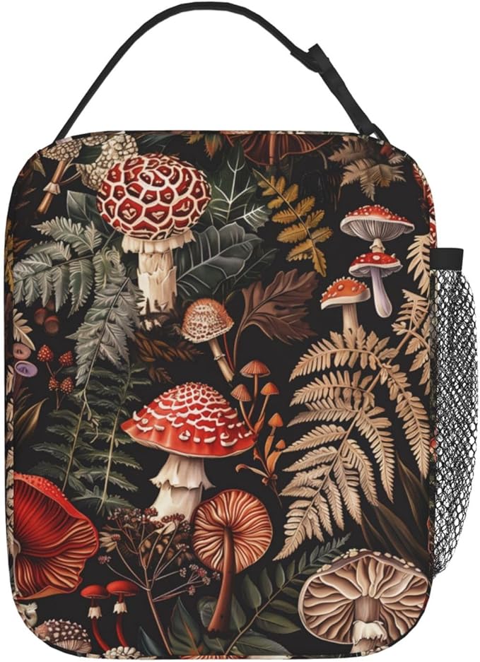 Reusable Mushroom Lunch Box for Kids Girls Boys Women Adult, Insulated Vintage Fern Lunch Bag,Polyester Cooler Retro Handbags Case for School Picnic Work Travel Beach or Hiking (Dark)