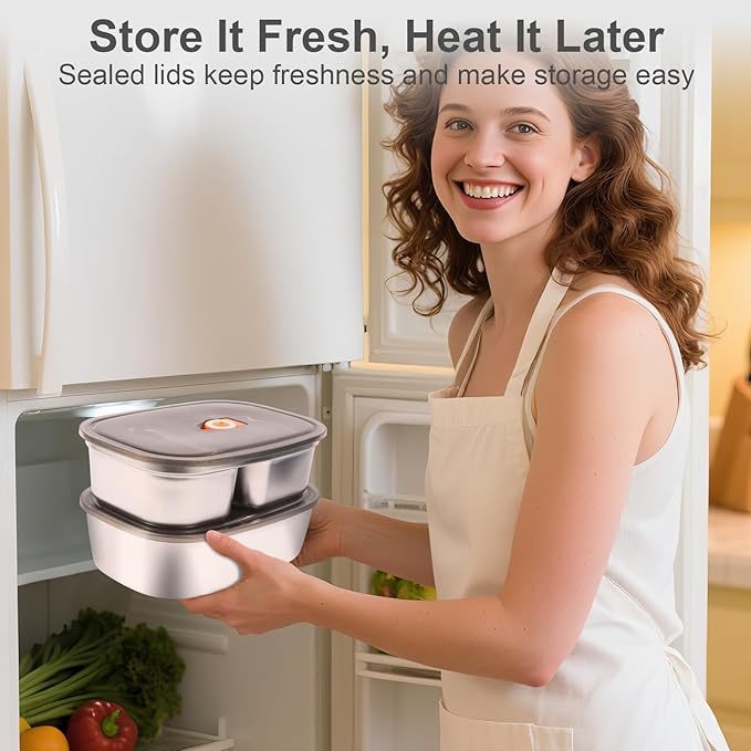 80W Heated Lunch Box for Men, 1.5L Portable Electric Lunchbox with Dual Containers and Lids, Food Warmer Lunch Box with Utensils and Insulated Bag for Work Car Truck Office