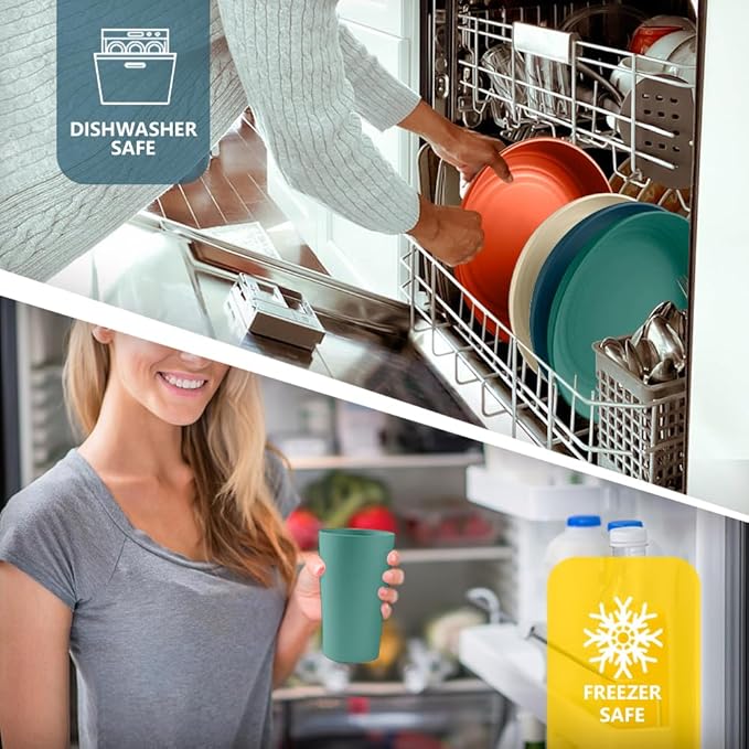 Teivio 32-Piece Kitchen Plastic Wheat Straw Dinnerware Set, Service for 8, Dinner Plates, Dessert Plate, Cereal Bowls, Cups for Everyday Dining, Unbreakable Plastic Outdoor Camping Dishes, Colorful