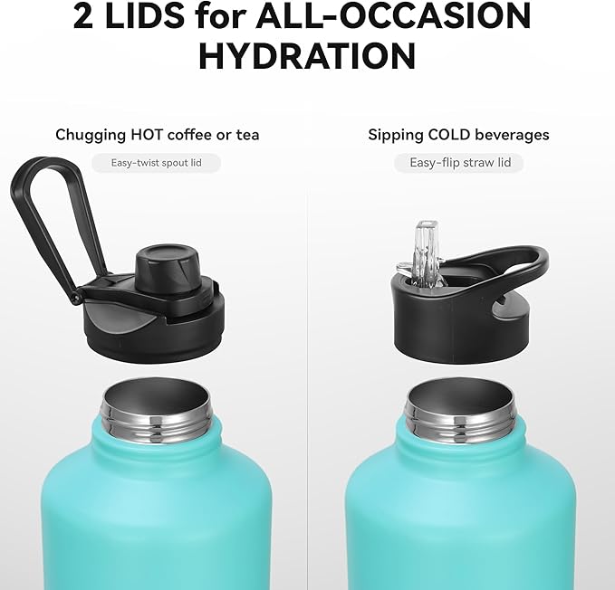 64 oz Insulated Water Bottle with Straw & Spout Lids, Stainless Steel Metal Half Gallon Water Jug with Paracord Handle, Double Wall Vacuum, Leakproof, Keep Drinks Cold & Hot, Pink Blue Gradient